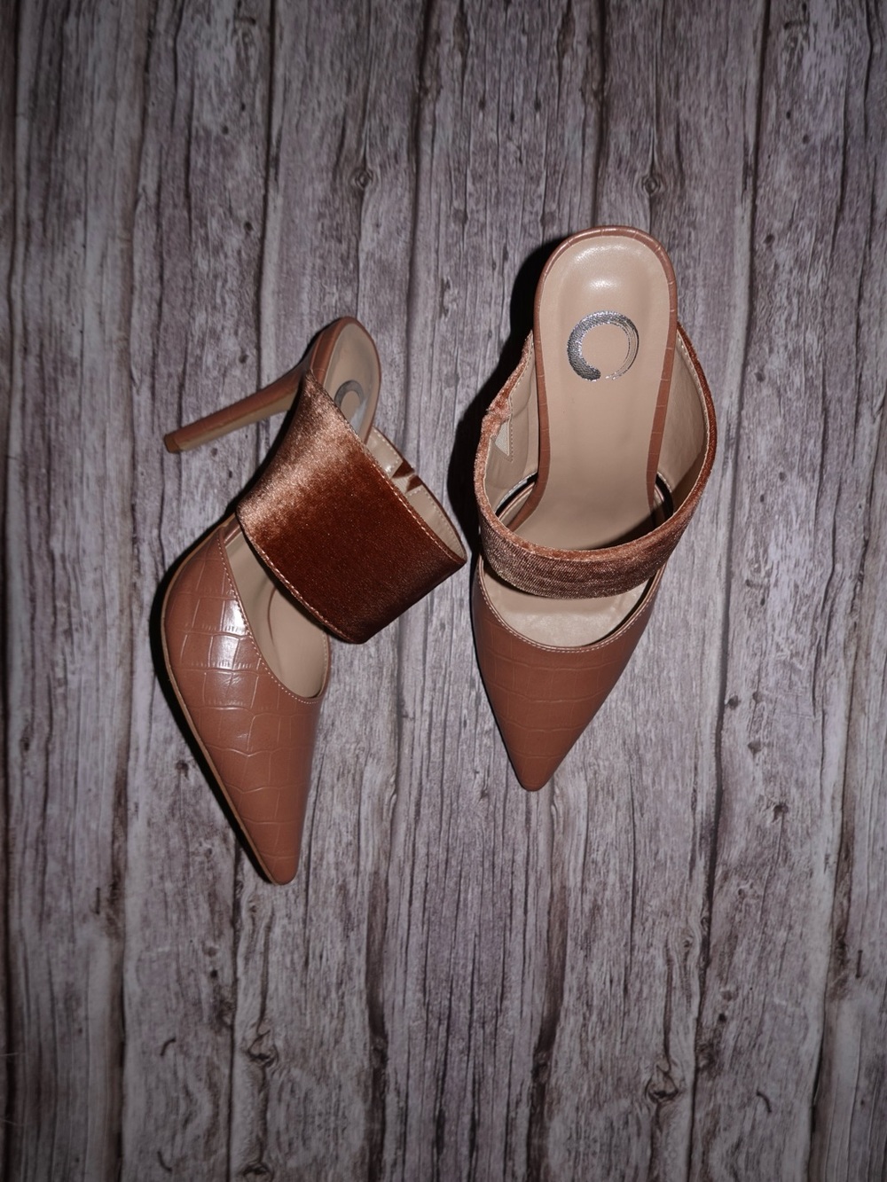 Pointed Toe Slip-On Mules in Brown with Velvet Strap